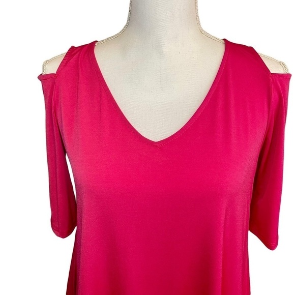 Astoria Born Bright Pink Cold Shoulder Slinky Top with Asymmetrical Hem. Med - Picture 6 of 8